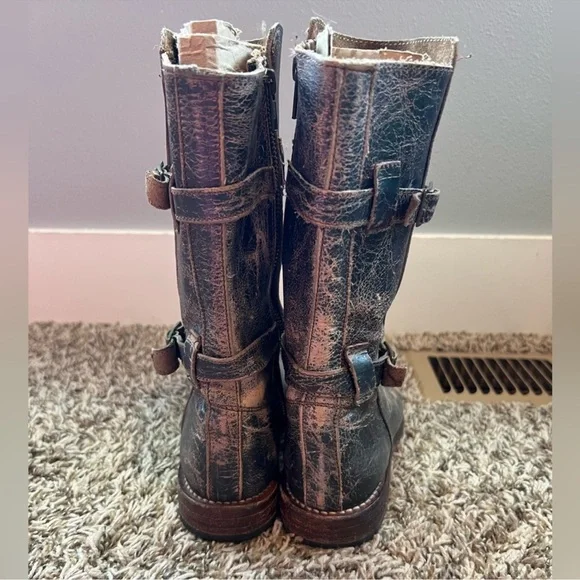 BED|STU Distressed Black and Brown Leather Turn-mid calf Moto Boots - Picture 4 of 6